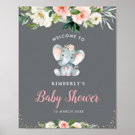 Póster Little elephant floral baby shower welcome sign