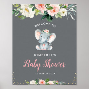 Póster Little elephant floral baby shower welcome sign