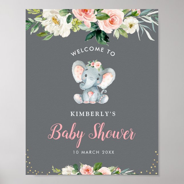 Póster Little elephant floral baby shower welcome sign (Frente)