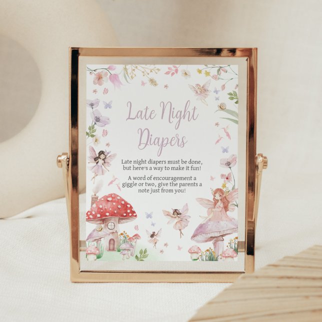 Póster Little Fairy Whimsical Late Night Diapers (Whimsical Little Fairy Baby Shower Late Night Diapers Sign)