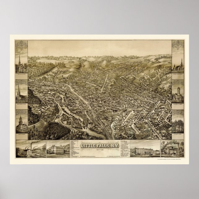 Póster Little Falls, Mapa Panorámico NY - 1881 (Frente)