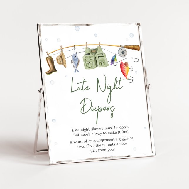 Póster Little Fisher Baby Shower Late Night Diapers (Boho Fisherman Baby Shower Late Night Diapers Sign)