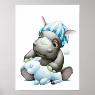 Póster Little G the Baby Rhino and Lamb Nursery Print