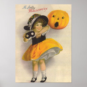 Póster Little Girl with Pumpkin and Mask