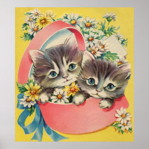 Póster Little Kittens A Hatbox and Daisies