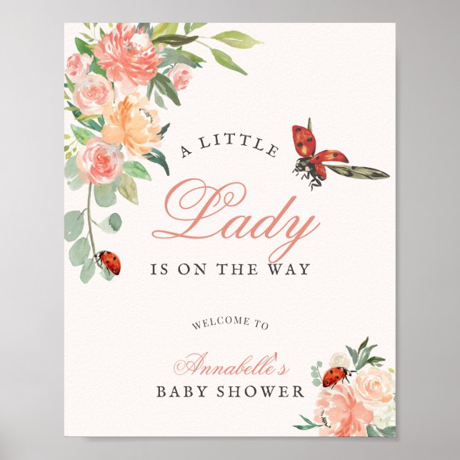 Póster Little Lady Ladybug Roses Girl Baby Shower (Frente)
