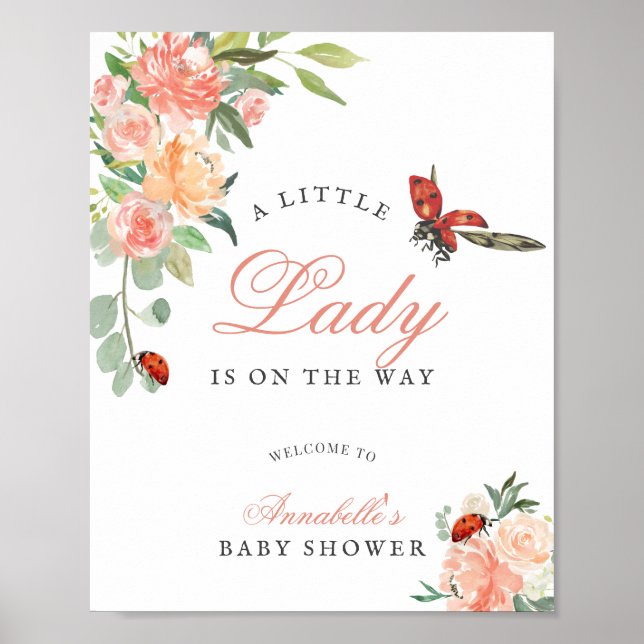Póster Little Lady Ladybug Roses Girl Baby Shower (Frente)
