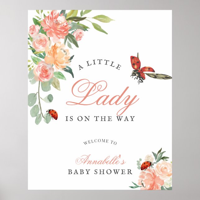 Póster Little Lady Ladybug Roses Girl Baby Shower Welcome (Frente)