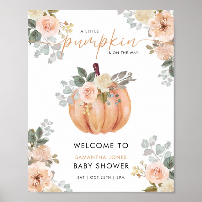 Póster Little Pumpkin Floral Baby Shower Welcome Sign (Frente)