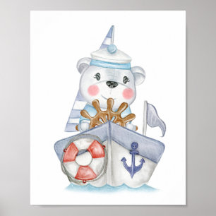 Póster Little sailor polar teddy bear on a boat 