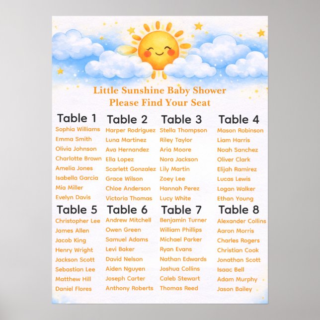Póster Little Sunshine Baby Shower Seating Chart (Frente)