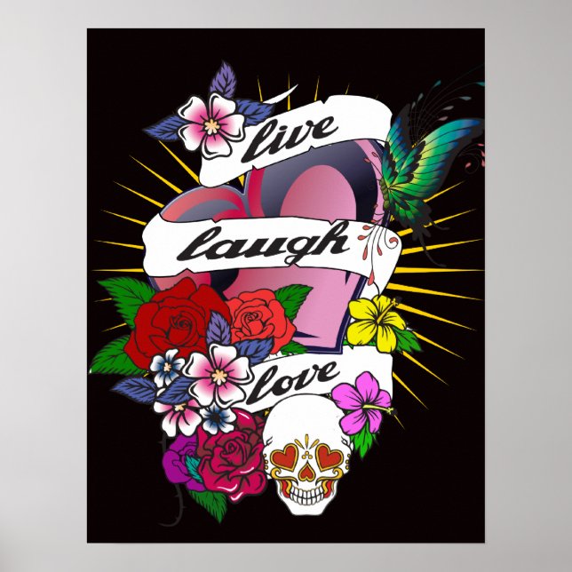 Póster Live Laugh Love Flower and Heart Tattoo Poster (Frente)
