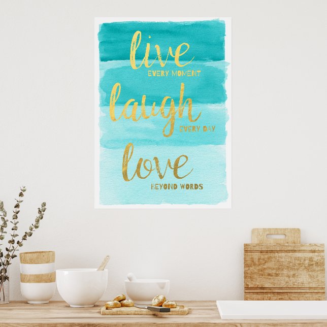 Póster Live Laugh Love | Motivación del ómbre azul (Cocina)