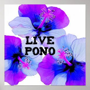 Póster Live Pono Hibisco Hawaiano Floral Púrpura Azul 