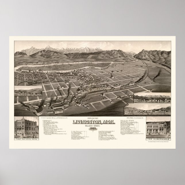 Póster Livingston, MT Panoramic Map - 1884 (Frente)