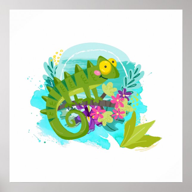 Póster Lizard tropical verde con flores (Frente)