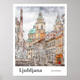 Póster Ljubljana Eslovenia mano acuarela de viaje