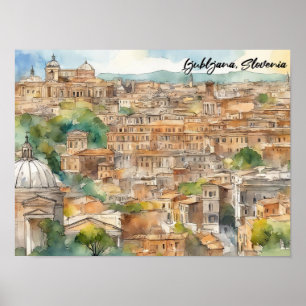 Póster Ljubljana Eslovenia Silhouette Watercolor Painting