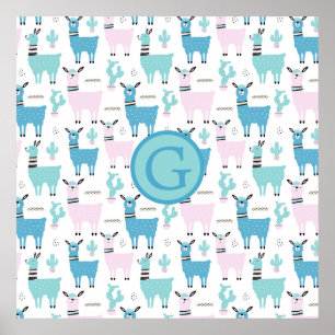 Póster Llama Alapaca Animal Monograma Azul Rosa Animales