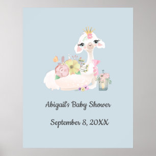 Póster Llama bebé con flores blancas y azules niño