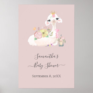 Póster Llama bebé con flores blancas y rosadas Adorable