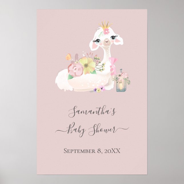 Póster Llama bebé con flores blancas y rosas adorables (Frente)