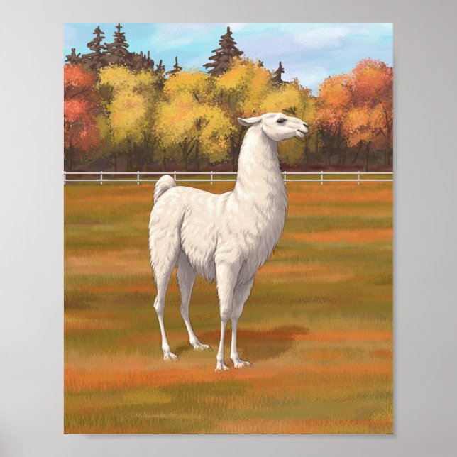 Póster Llama Blanca en Pradera de Granja de Otoño (Frente)