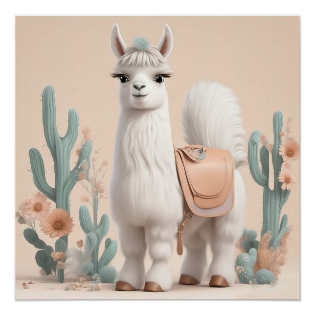 Póster Llama con silla en el desierto (Anverso)
