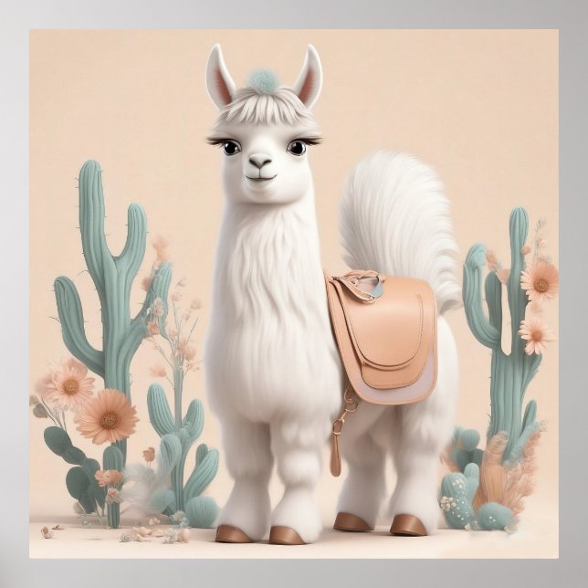 Póster Llama con silla en el desierto (Frente)