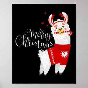Póster Llama Cute con Candy Cane Feliz Navidad