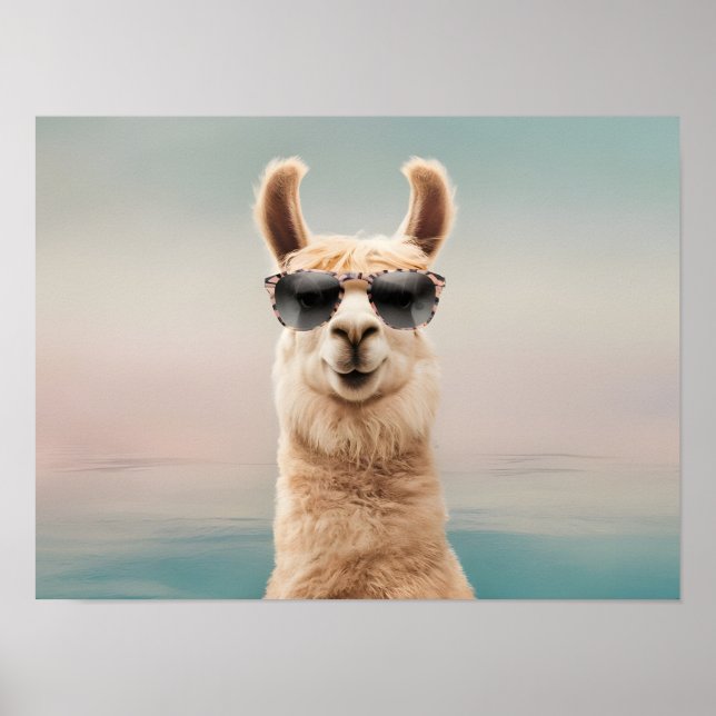 Póster Llama de fondo pastel con gafas de sol (Frente)