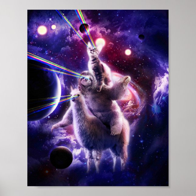 Póster Llama de gatito espacial con ojos láser montando e (Frente)