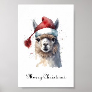 Póster Llama de Navidad sombrero de Santa acuarela texto 