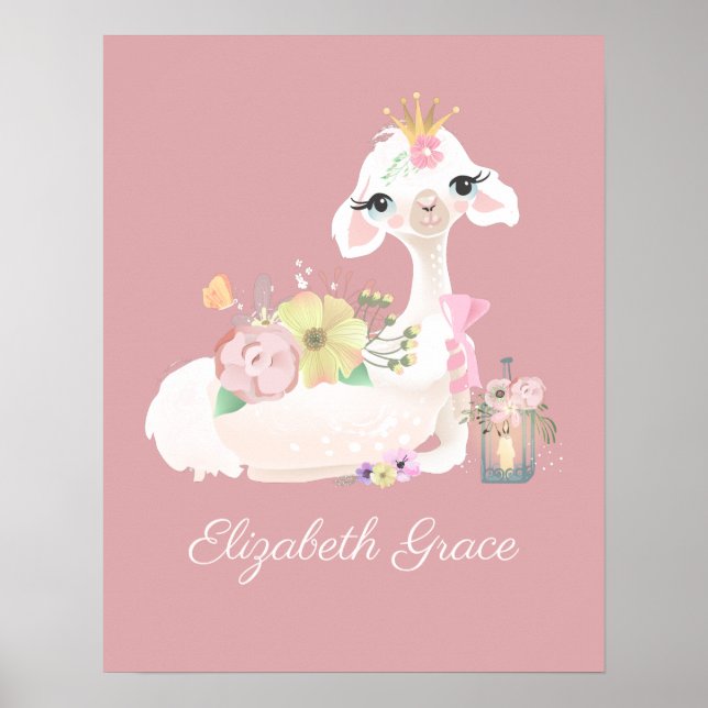 Póster Llama Rosa y Blanca con Flores Femenina (Frente)