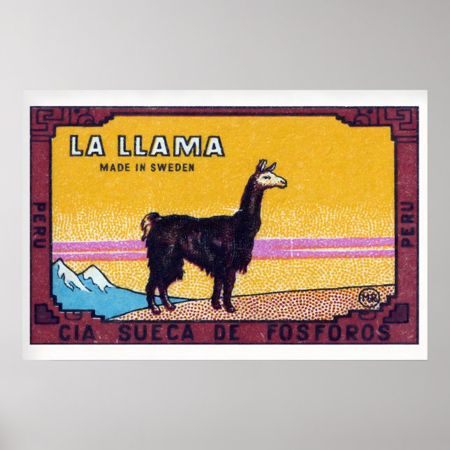 Póster Llama Standing Peru 1920s-30s Matchbox Label (Frente)