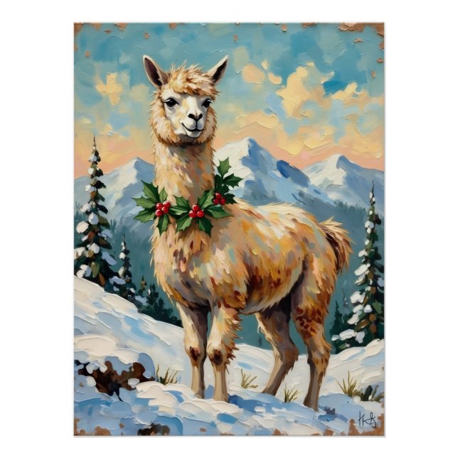 Póster Llama Vintage en Pradera Navideña Nevada (Anverso)