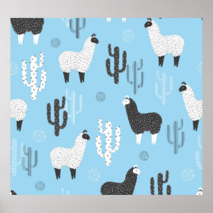 Póster Llama y cactus, lindo patrón.