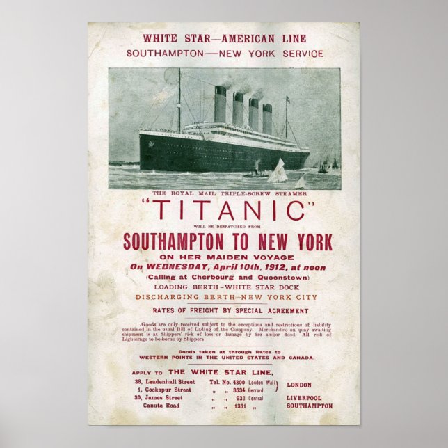 Póster Llamada TITANIC para fletes de 1912 (Frente)