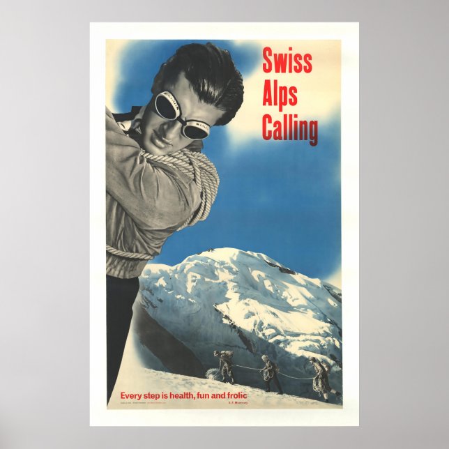 Póster Llamadas de los Alpes suizos, Poster de esquí de é (Frente)