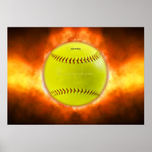 Póster Llamas de baloncesto de softball amarillo de Slipp