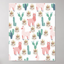 Póster Llamas rosadas lindas y cactus verdes