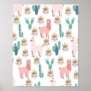 Póster Llamas rosadas lindas y cactus verdes