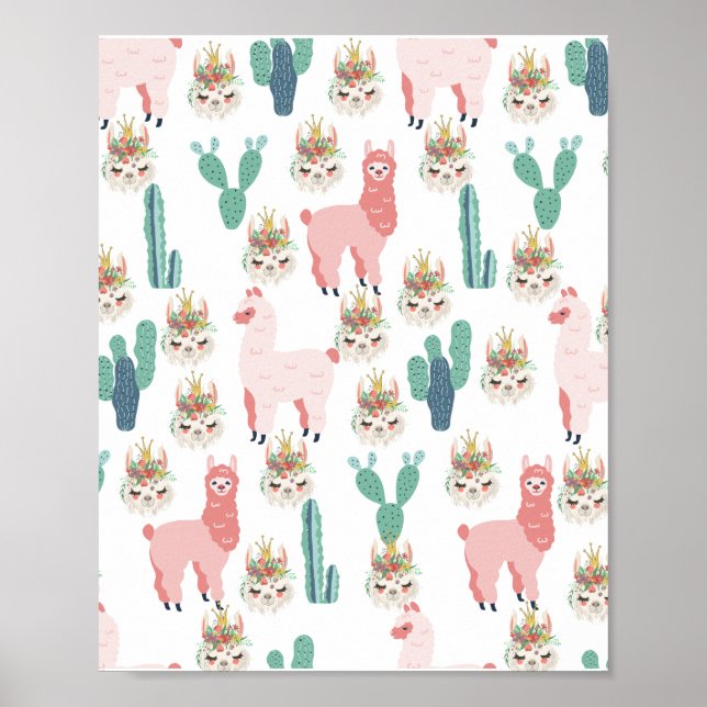 Póster Llamas rosadas lindas y cactus verdes (Frente)