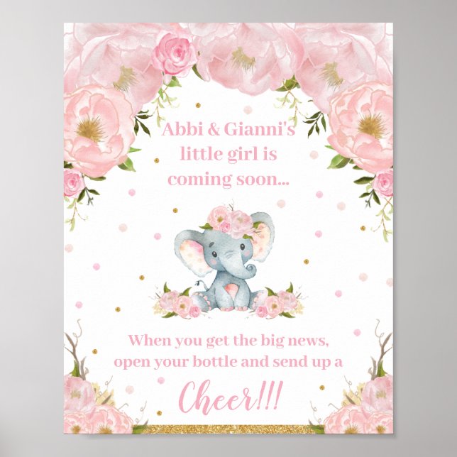 Póster Llegada de Elephant Baby Shower Cheer Pop Champagn (Frente)