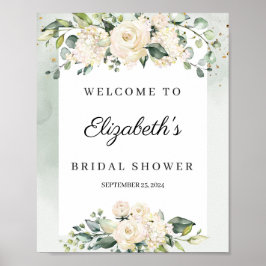 Póster Lluvia de boda de rosas blancas pastel al acuarela