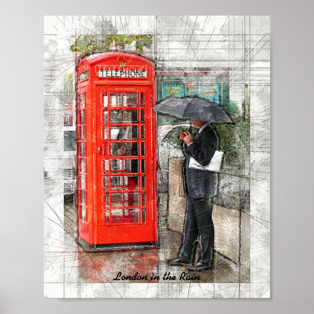 Póster Lluvia de Londres como de costumbre Lápiz dibujado (Frente)