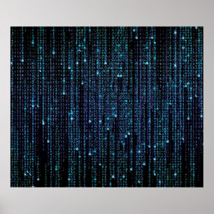 Póster Lluvia digital en matriz azul HD