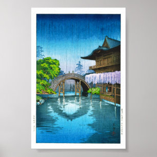 Póster Lluvia oriental fresca del lago shrine de Kameido
