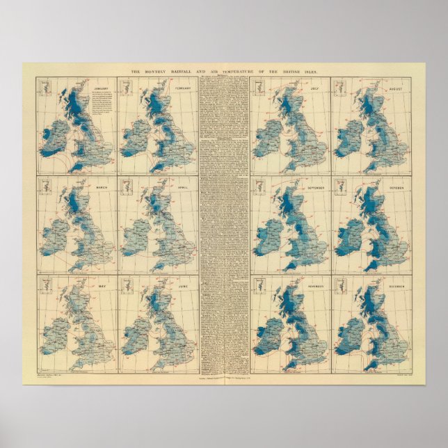 Póster Lluvia, temperatura, Islas Británicas (Frente)