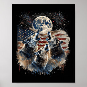 Póster Lobo 4 De Julio De Howling Wolves Under Moon Ameri